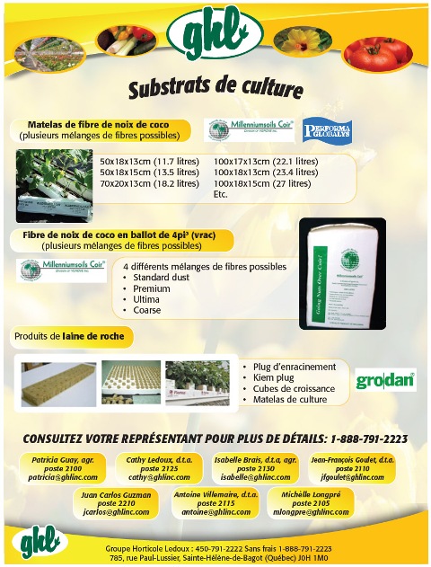 Substrat de culture  Grodan Millenium soils coir GHL Performa globalys Groupe Horticole Ledoux : 450-791-2222 Sans frais 1-888-791-2223 785, rue Paul-Lussier, Sainte-H&eacute;l&egrave;ne-de-Bagot (Qu&eacute;bec) J0H 1M0 50x18x13cm (11.7 litres) 50x18x15cm (13.5 litres) 70x20x13cm (18.2 litres) Matelas de fibre de noix de coco (plusieurs m&eacute;langes de fibres possibles) Produits de laine de roche Fibre de noix de coco en ballot de 4pi3 (vrac) (plusieurs m&eacute;langes de fibres possibles) 4 diff&eacute;rents m&eacute;langes de fibres possibles &bull; Standard dust &bull; Premium &bull; Ultima &bull; Coarse &bull; Plug d&rsquo;enracinement &bull; Kiem plug &bull; Cubes de croissance &bull; Matelas de culture 100x17x13cm (22.1 litres) 100x18x13cm (23.4 litres) 100x18x15cm (27 litres) Etc. CONSULTEZ VOTRE REPR&Eacute;SENTANT POUR PLUS DE D&Eacute;TAILS: 1-888-791-2223 Juan Carlos Guzman poste 2210 jcarlos@ghlinc.com Antoine Villemaire, d.t.a. poste 2115 antoine@ghlinc.com Patricia Guay, agr. poste 2100 patricia@ghlinc.com Cathy Ledoux, d.t.a. poste 2125 cathy@ghlinc.com Mich&egrave;lle Longpr&eacute; poste 2105 mlongpre@ghlinc.com Isabelle Brais, d.t.a, agr. poste 2130 isabelle@ghlinc.com Jean-Fran&ccedil;ois Goulet, d.t.a. poste 2110 jfgoulet@ghlinc.com 
